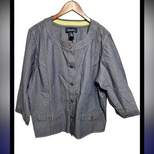 Denim & Co Blue With Yellow Trim shirt jacket 3/4 Sleeve Button Up